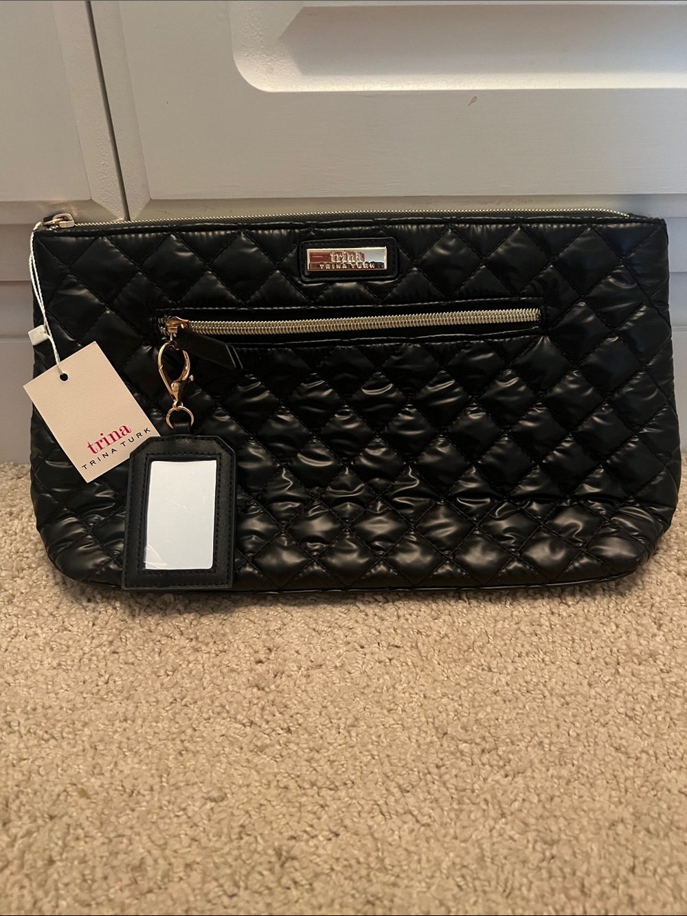 Trina Turk Black Quilted Zip Clutch with Mirror Tag Cosmetic Bag